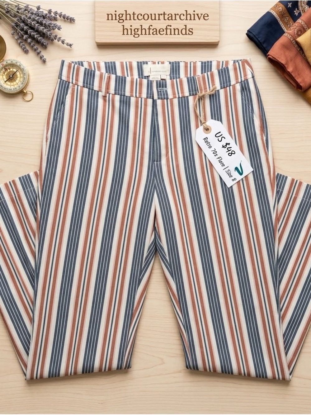By Anthropologie Low-Rise Striped Flare Pants US 8 Navy Rust 70s Retro